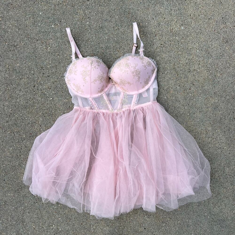 Y2K Victoria's Secret 34C Dream Angles Pink Ballerina Tulle Babydoll Teddy Slip